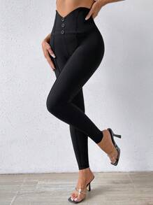 SHEIN Essnce Quần bó cạp cao dệt kim giản dị có nút trang trí cho nữ - màu đen - Xem 2