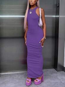 Women Solid Knit Sleeveless Casual Streetwear Bodycon Spring Summer Party Tank Dress - Purple - View 3