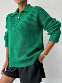 EURMUSE Quarter Zip Drop Shoulder Sweater - Green - View 5