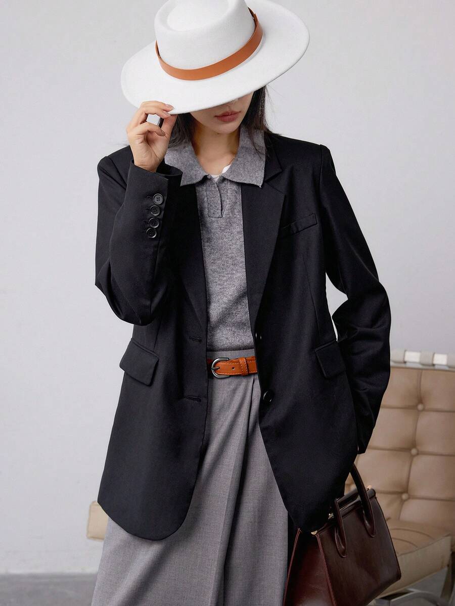 Lapel Neck Single Breasted Blazer - Black - View 1