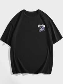 ROMWE MEN Goth Spring/Summer Casual Graphic Men Eye Skull & Letter Graphic Tee, School, 2000S Style - Black - View 2