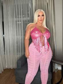 SHEIN SXY 大碼流蘇下擺後綁帶掛脖上衣 - 玫紅色 - 查看 5