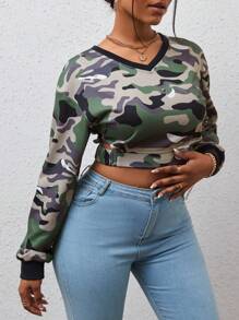 SHEIN Unity Camo Print Drop Shoulder Crop Sweatshirt Pullover Fall Sweatshirt - Multicolor - View 4