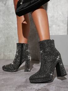 SHUZIA Bestseller Women's Bling Rhinestone Pewter Chunky Heel Platform Short Boots:Tayler Swit Inspired,Eye-Catching Luxury,Mysterious Elegance - Black - View 5