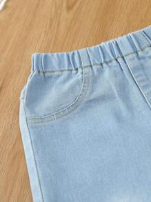 SHEIN Vintaside Kids Ensembles de 3 pièces de jeans boyfriend à taille élastique, poches plates, pour jeune fille, tenue de tous les jours idéale