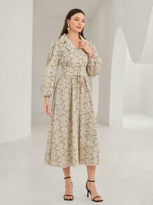 Modelyn 滿版印花燈籠袖洋裝 - 杏色 - 查看 4