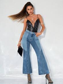 SHEIN BAE Khối màu Quần ống loe - Rửa trung bình - Xem 3
