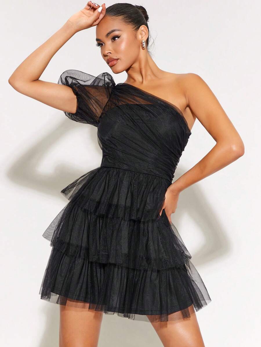 SHEIN BAE 單肩泡泡袖褶邊網紗覆蓋洋裝 - 黑色 - 查看 1