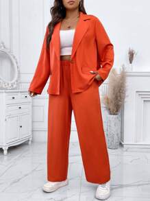 SHEIN Unity Talla grande Pantalones con blazer de cuello con solapa con botón - Naranja - Ver 3