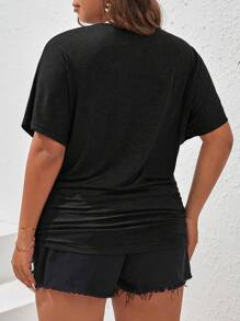 SHEIN Frenchy Plus Solid Batwing Sleeve Ruched Round Neck Shirring Tee - Black - View 2
