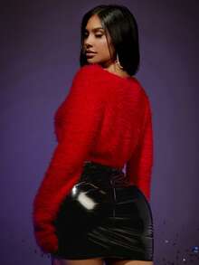 SHEIN SXY Halloween Tie Front Crop Fuzzy Cardigan - Red - View 2