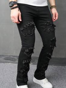 Manfinity Roghcode Men Ripped Frayed Straight Leg Jeans - Black - View 4