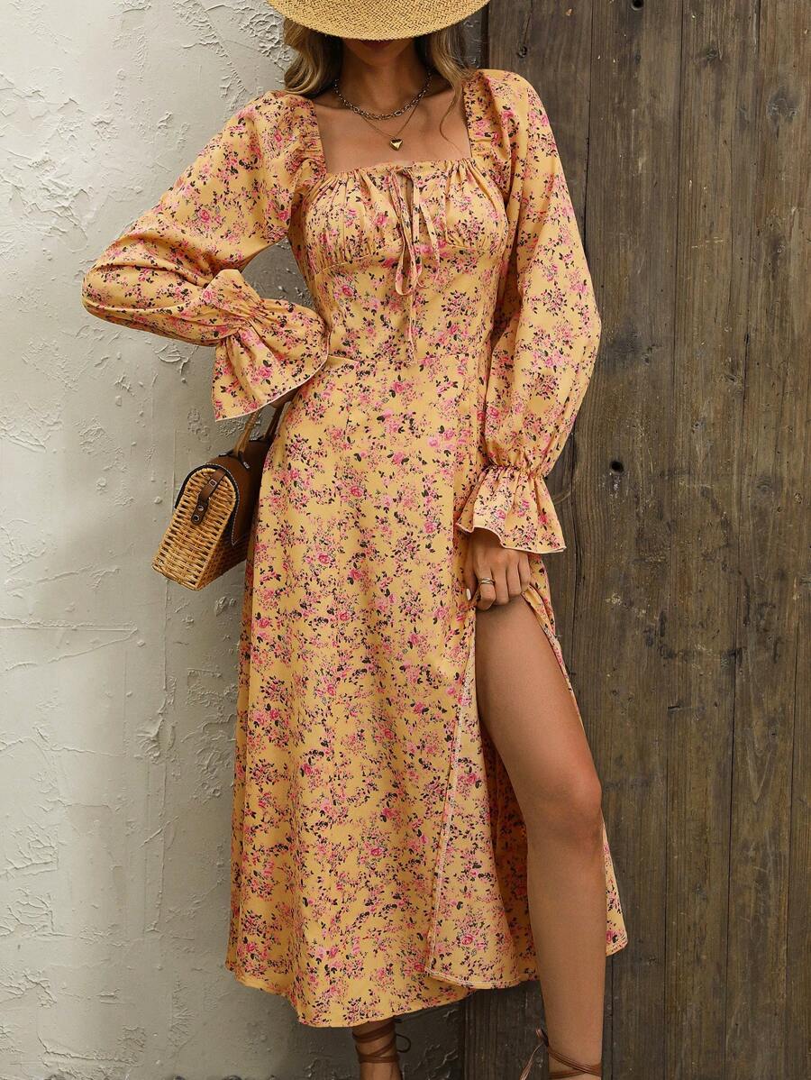 SHEIN LUNE 碎花荷葉袖前打結高衩洋裝 - 彩色 - 查看 1