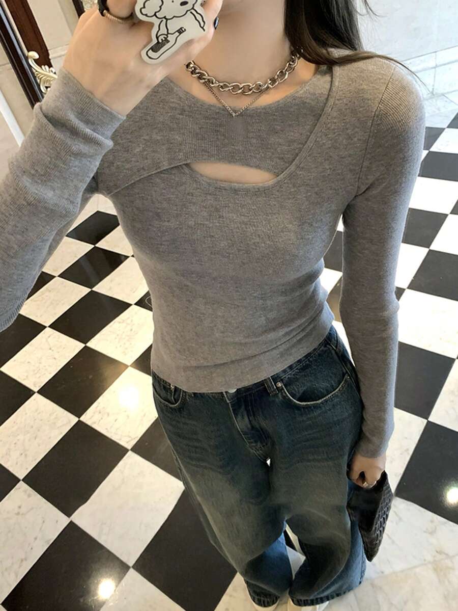 Áo len crop top hở lưng màu trơn, áo dài tay - Xám - Xem 1