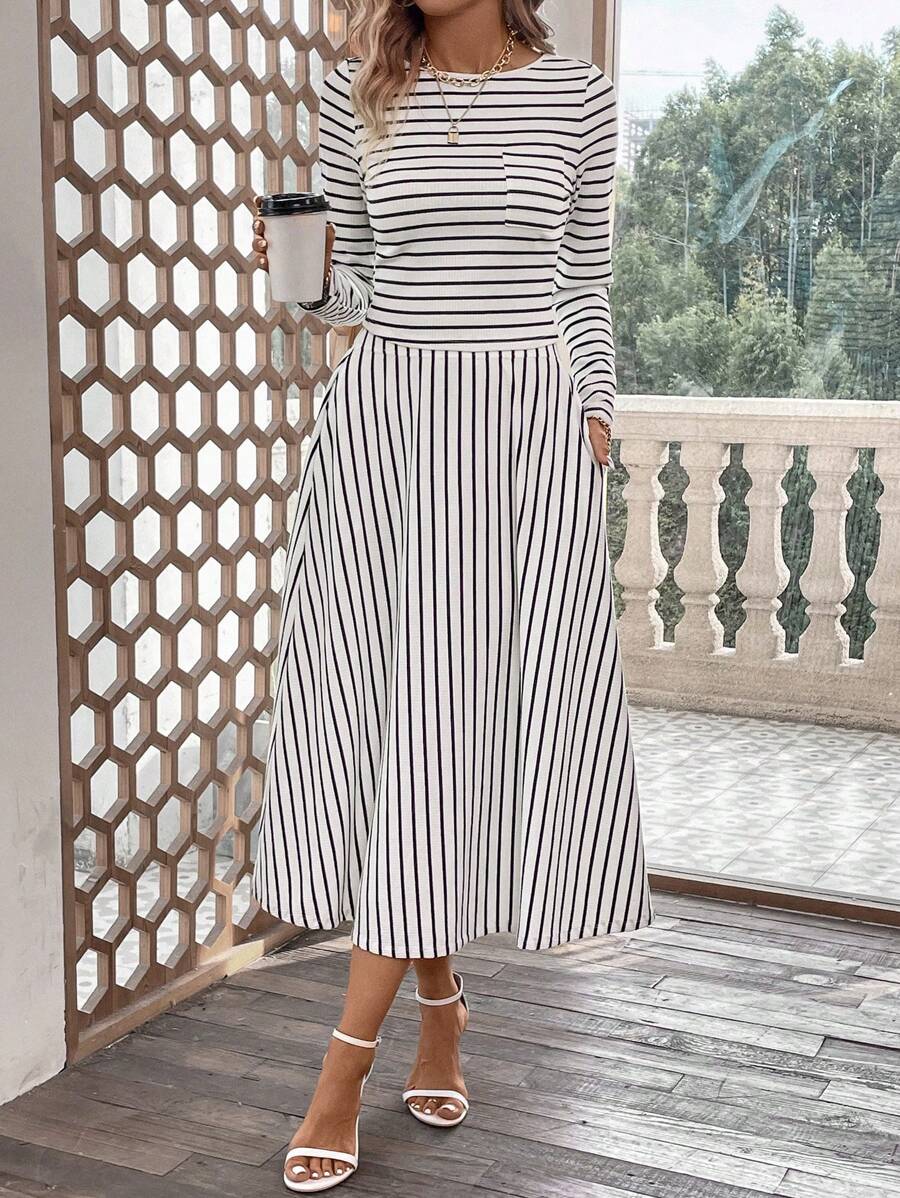 SHEIN LUNE Striped Print Tee & Slant Pocket Skirt - Black and White - View 1