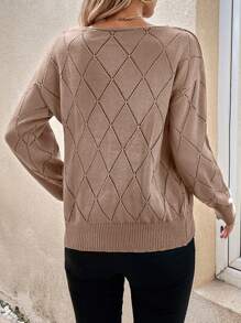 SHEIN LUNE 素色落肩袖網眼針織套頭毛衣 - 卡其色 - 查看 2