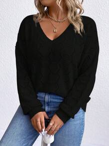 SHEIN LUNE Plus Pointelle Knit Drop Shoulder Sweater, For Winter