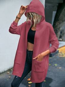 SHEIN LUNE Cárdigan de plumero con patrón de letra con doble bolsillo de hombros caídos con capucha - Rosa - Ver 4