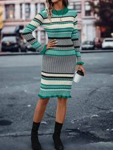 SHEIN LUNE Chevron Pattern Flare Sleeve Ruffle Hem Sweater Dress - Multicolor - View 5