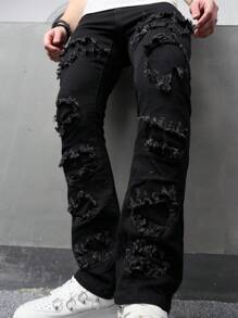 Manfinity Roghcode Men Ripped Frayed Straight Leg Jeans - Black - View 3