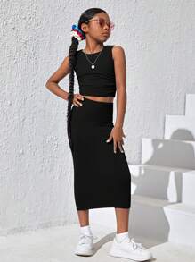 SHEIN Tween Girl Solid Ruched Crop Tank Top & Skirt - Black - View 4