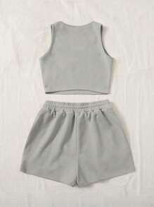 SHEIN EZwear 素色背心上衣&腰部抽繩短褲 - 淺灰色 - 查看 2