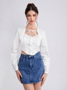SHEINNeu Tie Neck Asymmetrical Hem Crop Blouse - White - View 1