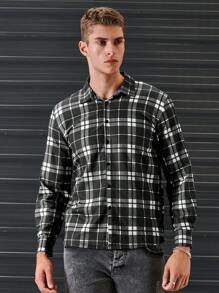 SHEIN Cottnline Men Plaid Print Button Front Shirt - Black and White - View 3