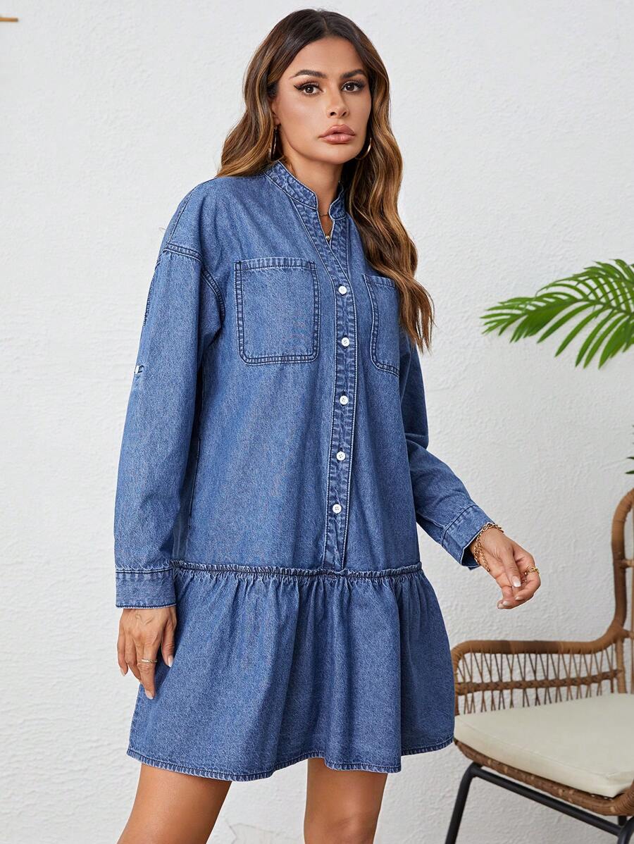 SHEIN LUNE Patched Pocket Drop Shoulder Ruffle Hem Denim Dress - Medium Wash - View 1
