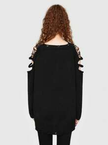 ROMWE Goth 骷髏圖案鏤空套頭毛衣 - 黑色 - 查看 6