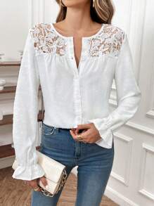 SHEIN Frenchy Swiss Dot Guipure Lace Insert Flounce Sleeve Button Front Blouse - White - View 5