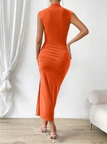 SHEIN Privé Mock Neck Ruched Split Thigh Dress - Orange - View 2