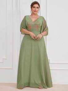 大碼亮片拼接蝴蝶袖雪紡超長派對禮服 - 綠色 - 查看 3