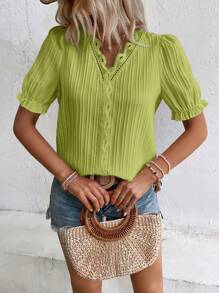 SHEIN VCAY Guipure Lace Insert Puff Sleeve Blouse