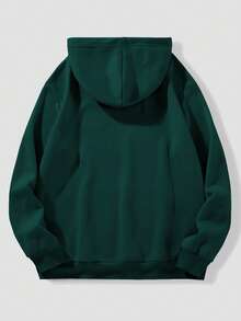Men Letter Graphic Kangaroo Pocket Drawstring Thermal Hoodie - Dark Green - View 2
