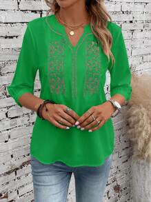 EMERY ROSE Geo Print Notched Neckline Blouse - Green - View 3