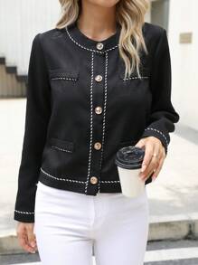 SHEIN Clasi 拼接邊前紐扣夾克 - 黑色 - 查看 5