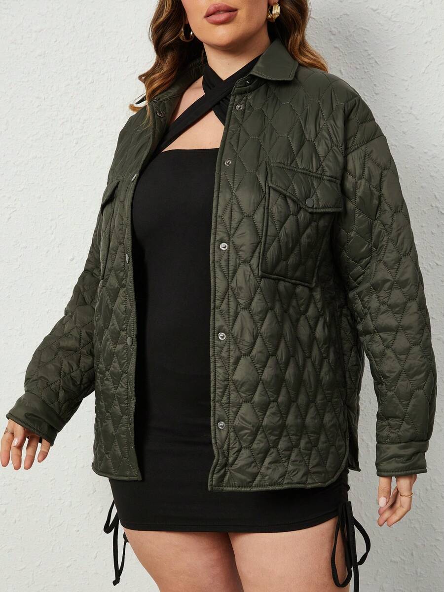 Áo khoác nữ cỡ lớn, chất liệu nhẹ, họa tiết kẻ caro hình thoi, kiểu dáng tối giản và đa năng, phù hợp cho mùa thu/đông, có túi. - xanh quân đội - Xem 1