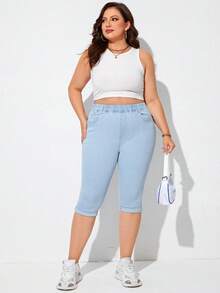 SHEIN Essnce 大碼斜口袋卷邊緊身牛仔褲 - 淺色水洗藍 - 查看 4