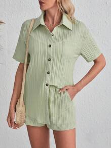 SHEIN LUNE 落肩袖襯衫和前繫帶短褲 - 綠色 - 查看 4