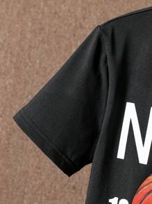 SHEIN Áo phông ngắn tay in hình bóng rổ phong cách thể thao & khẩu hiệu tích cực dành cho nam + Quần soóc in hình đầy đủ phù hợp, thích hợp cho thể thao và giải trí, mùa hè - màu đen - Xem 4