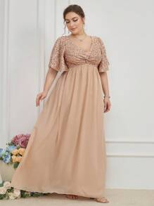 加大撞色亮片蝴蝶袖雪纺伴娘服优雅连衣裙