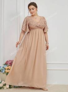 Robe de demoiselle d'honneur en mousseline de soie avec manches à sequins contrastés papillon, élégante