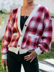 Simplee Abrigo con estampado de cuadros ribete en contraste de hombros caídos - Multicolor - Ver 3