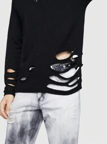 ROMWE MEN Goth Các bạn Chất rắn Rách Thả vai Áo len - màu đen - Xem 2