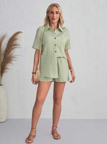 SHEIN LUNE 落肩袖襯衫和前繫帶短褲 - 綠色 - 查看 6