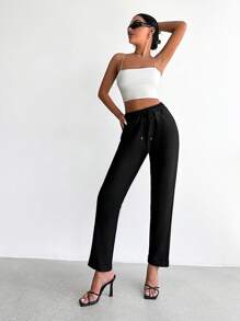SHEIN PETITE Drawstring Waist Slant Pocket Pants - Black - View 4