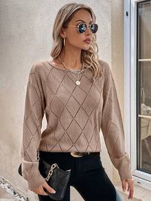 SHEIN LUNE 素色落肩袖網眼針織套頭毛衣 - 卡其色 - 查看 3