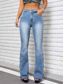 SHEIN ICON Ren Up Side Quần ống loe - Rửa trung bình - Xem 7