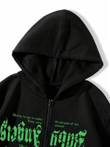 SHEIN Unity Đồ họa Khẩu hiệu Dây kéo Lót nhiệt Áo nỉ có mũ - màu đen - Xem 3